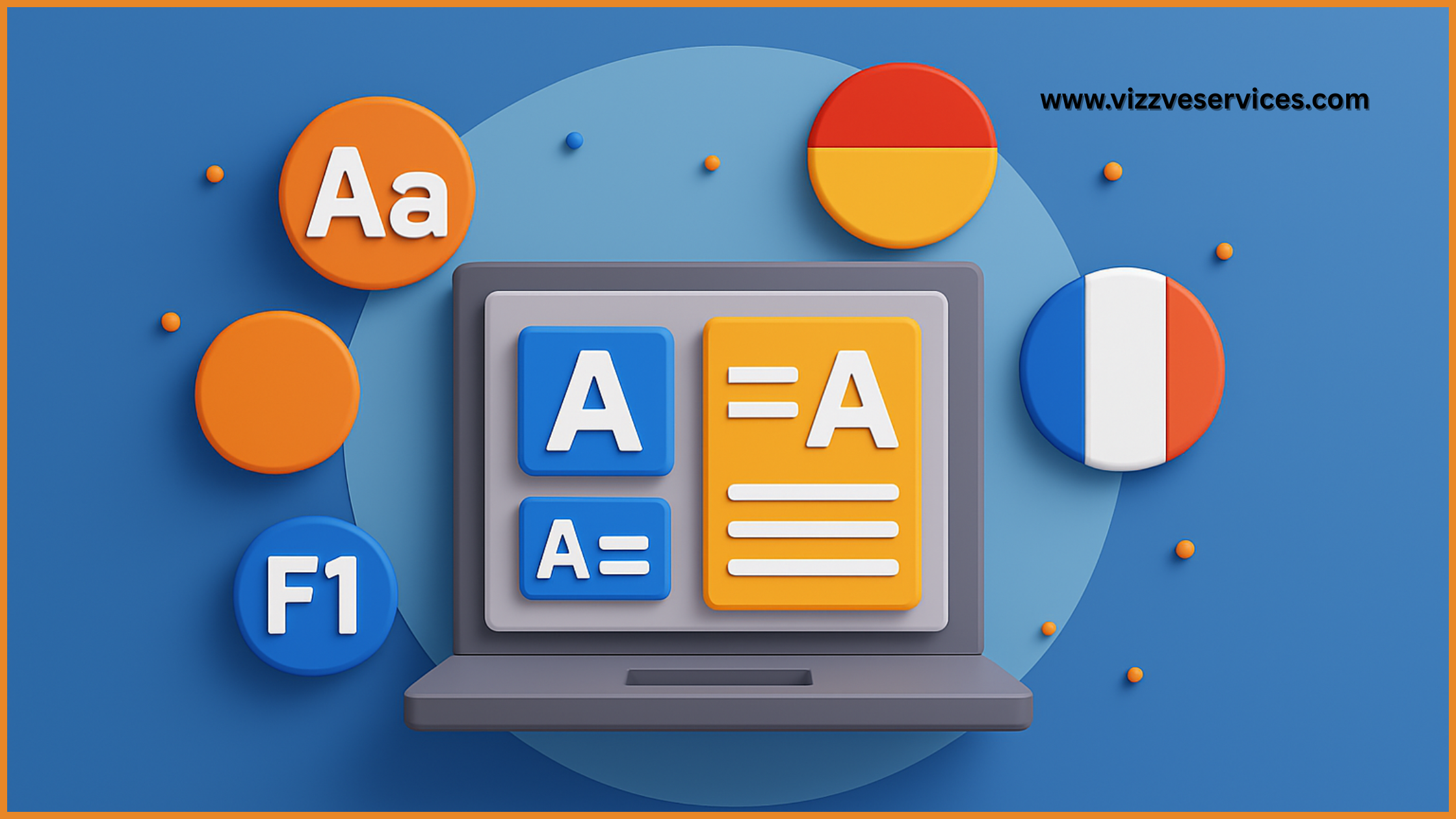 Illustration showing multilingual website layout with global icons and language switcher interface